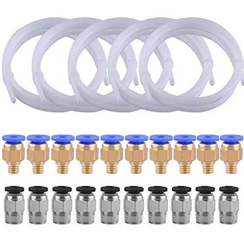 SIQUK 5 Stück PTFE-Teflonrohr(1 Meter) mit 10 Stück PC4-M6 Schnellkupplung und 10 Stück PC4-M10 Gerade Pneumatikkupplung Zum Verbinden von 3D-Drucker mit 1,75 mm Filament