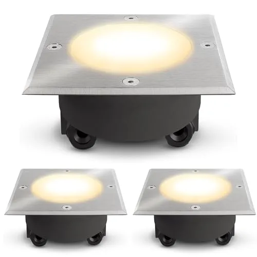 SSC-LUXon VIROK Bodeneinbaustrahler LED 3er Set - Wasserdichte Wegeleuchten IP67 für Außen, ideal für Terrasse und Garten. Robuste, befahrbare Bauweise mit blendfreier Lichtverteilung und warmweißen 5W LED Leuchtmitteln.