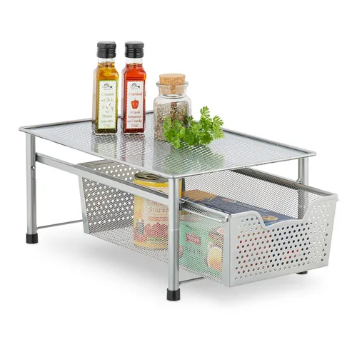 relaxdays Mehrzweckregal mit Korbauszug, Silber – Praktischer Stauraum - Standregal mit ausziehbarem Korb und großer Ablagefläche für Küche, Bad oder Büro – ideal zur Aufbewahrung von Lebensmitteln, Hygieneartikeln und Bürobedarf.
