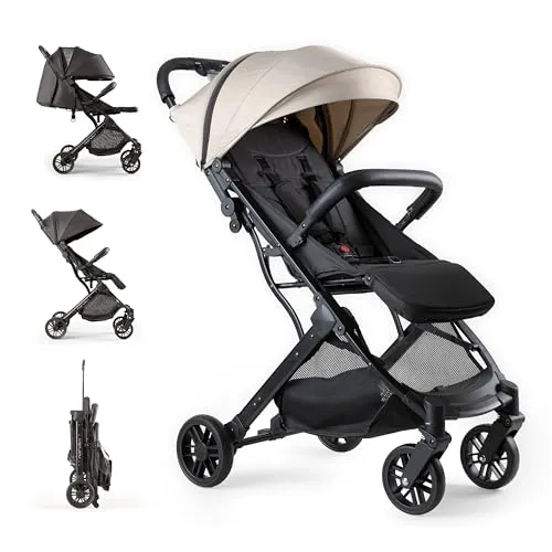 Interbaby Reisebuggy klein zusammenklappbar bis 22 kg – Leichter Kinderwagen mit Liegefunktion, Einhand-Faltsystem, XXL Verdeck UV50+, Handgepäck Flugzeug, inkl. Transporttasche (MIN SPACE PLUS Beige)