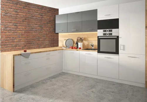 L-Form Küchenzeile ESSEN TREND 160x273cm - Moderne Einbauküche in Weiß-Graphit Hochglanz, ausgestattet mit Soft-Close-Türen und praktischen Schubladen, ideal für effiziente Raumgestaltung und stilvolle Küchen.