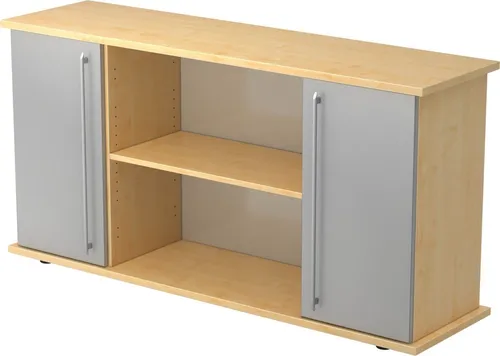 Sideboard SB 2OH mit 2 Türen in Ahorn/Silber - Praktisches Sideboard SB 2OH für Ordnung im Büro. Mit 2 Drehtüren und mittig offenem Fach bietet es viel Stauraum. Hochwertige Verarbeitung in Ahorn und Silber, ideal für den professionellen Einsatz.