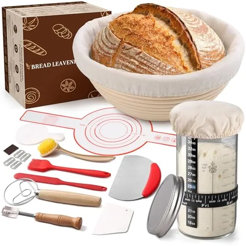 10-teilig Sauerteig Starter Set mit Gärkörbchen Rund mit Gärtuch Sowie Gärglas mit Spatel und Bäckermesser, Brot Backen Zubehör, Sauerteig-Glas, Handgefertigtes Rattan von Indonesien Gärkorb