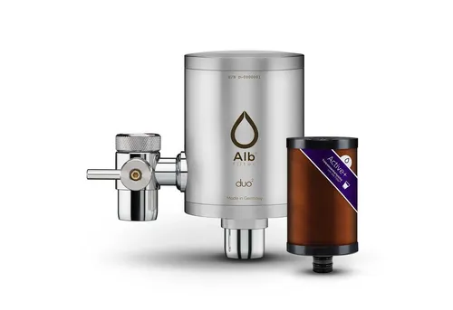 Alb Filter® Duo Active Plus+ Trinkwasserfilter - Küchenspülenfilter mit hochwertigem Edelstahl-Gehäuse, filtert effektiv Bakterien, Schadstoffe und Mikroplastik für reines Trinkwasser direkt am Wasserhahn.
