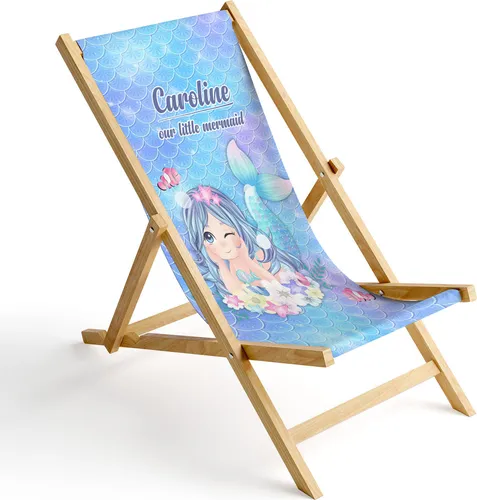 Kinder Holz-Liegestuhl Personalisierbar Klappbar Klappliegestuhl Sonnenliege Strandstuhl Wechselbezug Motiv Meerjungfrau [119]