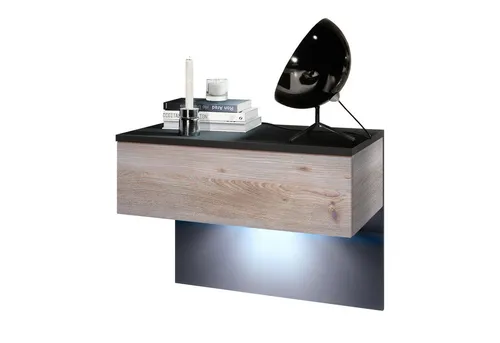 Vladon Nachttisch Sleep mit LED-Beleuchtung, Schwarz matt/Eiche Nordic