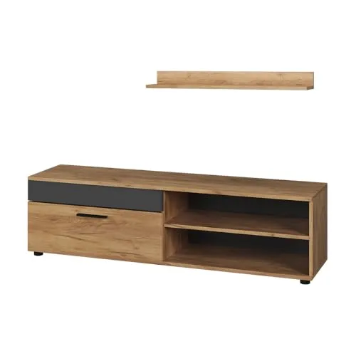 Vicco Wohnwand Berno, Goldkraft Eiche/Anthrazit - Moderne Wohnwand mit Lowboard und Regal, ideal für stilvolle Wohnzimmergestaltung und bietet viel Stauraum für Geräte und persönliche Gegenstände.