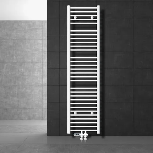LuxeBath Badheizkörper 400x1800mm Weiß Gebogen mit Thermostat - Heizkörper für Badezimmer, elegant gebogen und mit integriertem Thermostat für optimale Wärmeverteilung und Frostschutz bis 6°C.