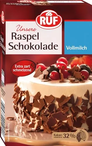RUF Raspel-Schokolade Vollmilch - Streudekor & Streusel: Zartschmelzende Raspeln mit min. 32% Kakaoanteil, ideal für Kuchen, Muffins und Desserts – für ein himmlisches Geschmackserlebnis!
