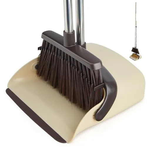 XXFLOWER Besen und Kehrschaufel Set mit langem Stiel,Kehrbesen mit Schaufel,Kehrset mit Ausziehbarem Stiel,Kehrblech Broom and Dustpan Set für Haushaltsreinigung Büro (Beige)