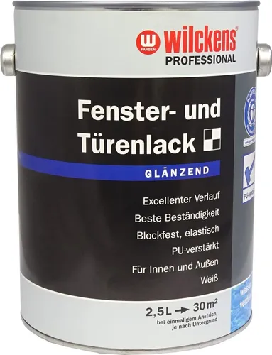 Wilckens Professional Fenster- & Türenlack 2,5 L - Weiß glänzend - Hochwertiger PU-verstärkter Lack für Fenster und Türen. Ideal für langlebige und glänzende Oberflächen, mit einer empfohlenen Anstrichanzahl von 2.