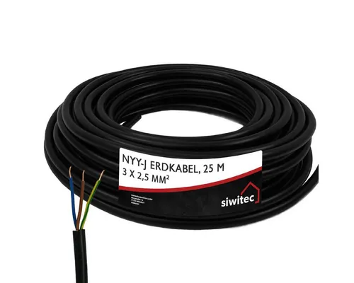 siwitec NYY-Kabel 3 x 2,5 mm² - 25 m Erdkabel - Erdkabel für den Außenbereich, UV-beständig und für verschiedene Untergründe geeignet. Ideal für die Verlegung im Freien, in Rohren oder im Erdreich.