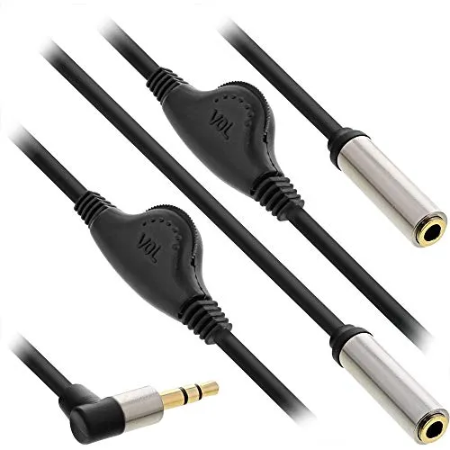 InLine 99253A Slim Audio Y-Kabel Klinke 3,5mm ST an 2x Klinke BU, mit Lautstärkeregler, 0,25m