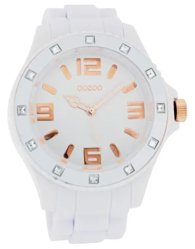 Oozoo Herren-Armbanduhr XL C4337 White/Rose mit Strass - Elegante Armbanduhr für Damen mit 48 mm Gehäusedurchmesser, strassbesetzter Lünette und spritzwassergeschütztem Design. Ideal für stilbewusste Trägerinnen.