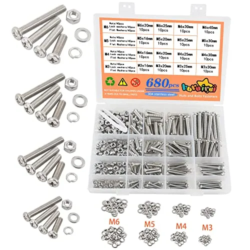 huruirui 680 Stück M3 M4 M5 M6 Schraubensortiment mit Muttern Set Linsenkopfschrauben Maschinenschrauben 304 Edelstahl Schrauben mit Muttern und Unterlegscheiben für DIY Reparatur Befestigungszubehör