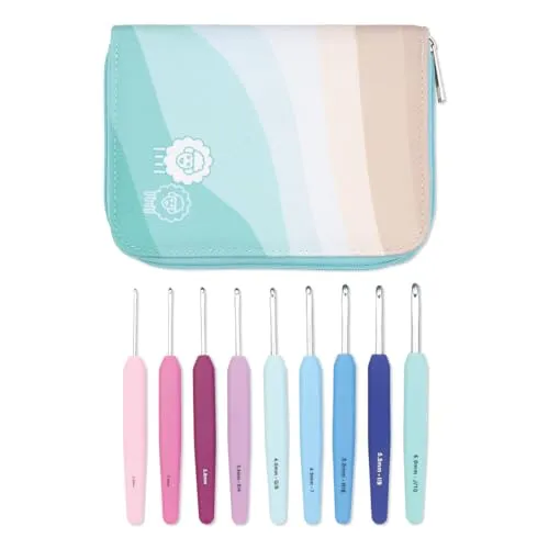 Produktbild KnitPro Waves Häkelnadel-Set – 9-Haken-Deluxe-Geschenkset, Größen 2 – 6 mm, ergonomische weiche Griffe, weicher Gummigriff für arthritische Hände, leichte und bequeme Häkelnadeln zum Stricken