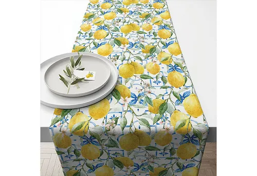 Ambiente Luxury Paper Products Tischläufer, Tischläufer Baumwolle 40cm x 1,5m mit Zitronen Muster Gelb / Weiß