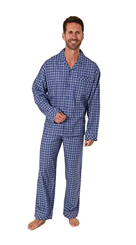 Herren Flanell Pyjama Schlafanzug zum Durchknöpfen - Karo-Optik, Größe 48, Farbe Blau - Eleganter Herren-Pyjama aus weichem Flanell für optimalen Tragekomfort. Ideal für kühle Nächte, in Übergrößen erhältlich. 100 % Baumwolle, schadstoffgeprüft, bei 40 Grad waschbar.