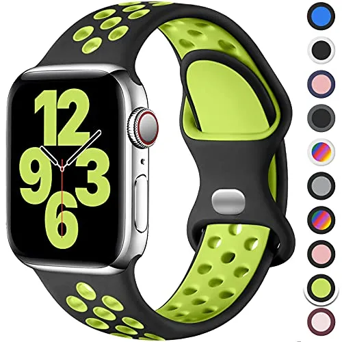 Upeak Sport Armband Kompatibel mit Apple Watch Armband 44mm 45mm 49mm 46mm 42mm 40mm 41mm 38mm, Atmungsaktiv Silikon Doppelloch Band für iWatch Series 11 10 9 8 7 6 5 4 2, SE 3, Ultra 3,L,Schwarz/Grün