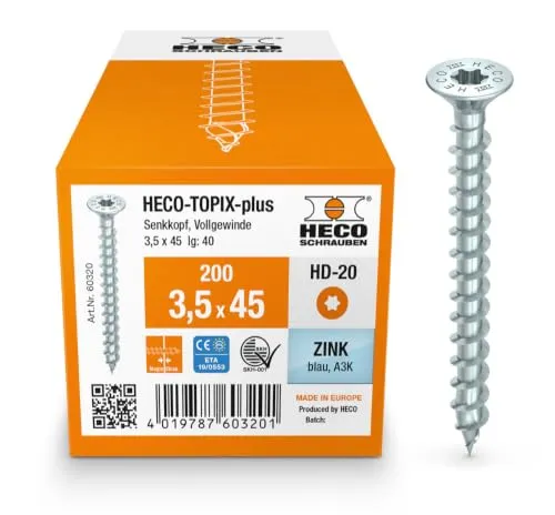 HECO-TOPIX-plus Holzschraube 3,5 x 45, Senkkopf mit Frästaschen, HECO-Drive, HD-20, variables Vollgewinde, verzinkt blau, A3K, 200 Stück