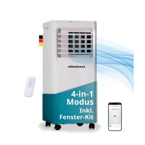 Könighaus Smarte Mobile Klimaanlage 9000 BTU | Effizient & Tragbar - Tragbare Klimaanlage mit 9000 BTU, ideal für Räume bis 20 m². App-gesteuert, programmierbar und mit Timerfunktion für individuelle Kühlung. Langlebig und umweltfreundlich.