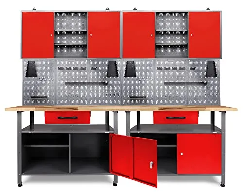 Ondis24 Werkstatt Set Klaus 240 cm - 2 Schränke mit LED - 6-teiliges Werkstatt Set mit robusten Buchenholzarbeitsplatten, abschließbaren Schränken und LED Beleuchtung - ideal für professionelle Werkstätten oder Heimwerker.