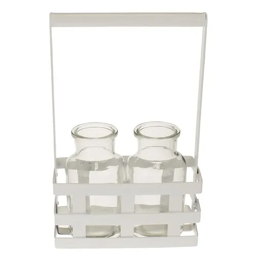 MACOSA HE67700 Glasvasen im Metallkorb Weiß 24 cm Dekovasen Korb Vasen Glas Blumenvasen im Dekokorb Tischdekoration Tischvasen Vasenkörbchen Vasenkorb