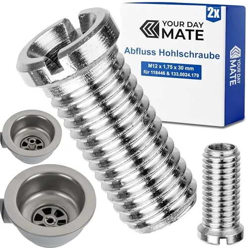 Hohlschraube für Siebkorbventil, M12 x 1,75 x 30 mm, 2 Stück, kompatibel mit Franke Pamira und Blanco Ablaufgarnitur, Ersatz für 133.0024.179, 118446, aus Messing, Regelgewinde, Schraube Ventilablauf