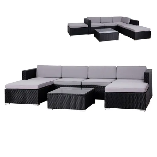 SVITA Gartenlounge-Set LUGANO - 6 Sitzplätze, Tisch mit Glasplatte, Schwarz - Gartenmöbel-Set aus robustem Polyrattan, ideal für gesellige Abende im Freien. Belastbarkeit pro Sitzplatz bis 150 kg, inklusive bequemer Auflagen in Grau.