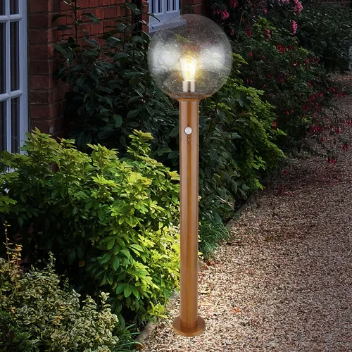 Moderne Gartenleuchte mit Bewegungsmelder - LED Stehlampe in Holzoptik - Elegante Stehleuchte für den Außenbereich, 100 cm hoch mit Bewegungsmelder (2-7m), IP44 Schutz und inkludierter 7W LED. Ideal für stilvolle Terrassenbeleuchtung.