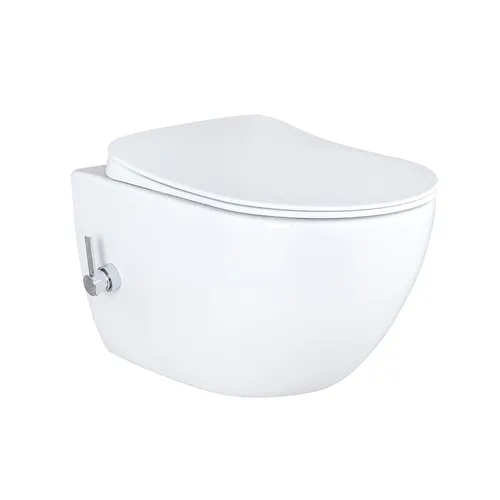 Design RimOff Hänge WC Weiß mit Taharet/Bidet/Dusch-Funktion - Wand-WC mit spülrandlosem Design, ovaler Form und integrierter Duschfunktion für optimale Hygiene und Komfort im Badezimmer.