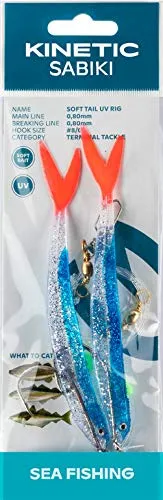 Sabiki Kinetic Soft Tail UV Rig, Vorfach mit 2 Gummifischen in Sandaalform, Länge 130cm, Haken 8/0, Schnur 0,80mm (Blue Fire Tail)