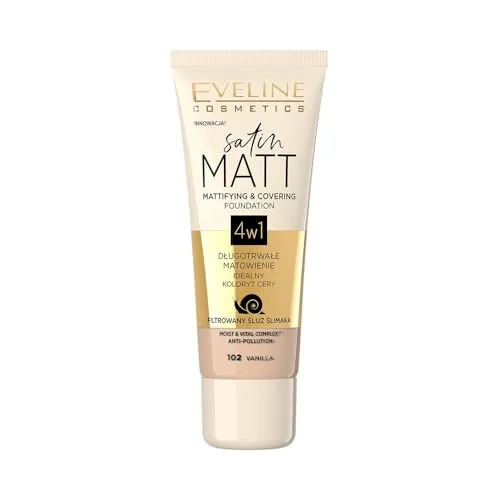 Eveline Cosmetics Satin Matt Foundation mit Schneckenschleimfiltrat - Aufbauende Deckkraft & Porenminimierung - 30ml