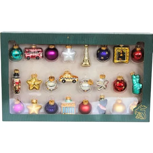 Dekohelden24 Lauschaer Christbaumschmuck - 24er Set Christbaumkugeln Lauscha, Glaskugeln, Glasornamente Weltreise - Baumschmuck zum Adventskalender befüllen, aus Lauscha, Größe: 3 cm je Ornament.