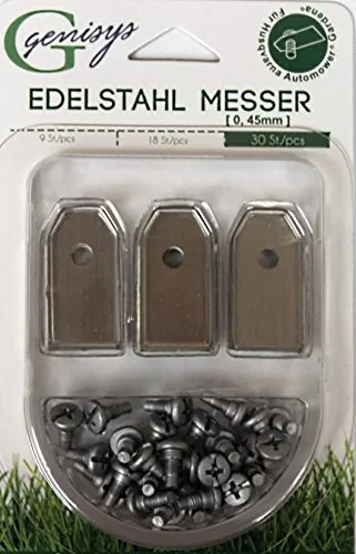 Genisys 30x Ersatz Messer Klingen kompatibel für Husqvarna Automower ® / Gardena Mähroboter (0,45 mm - 1,8 g) + 30x ELOXIERTE Schrauben NEU
