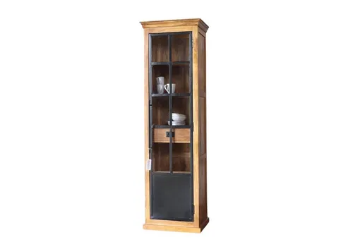 baario Mehrzweckschrank HOXT Industrial Vitrine aus Massivholz & Eisen - Schmaler Vitrinenschrank im Industrial Stil aus hochwertigem Mangoholz und Eisen. Mit liebevoll verarbeitetem Antik-Finish und zusätzlicher Schublade bietet er stilvollen Stauraum für Ihr Badezimmer.