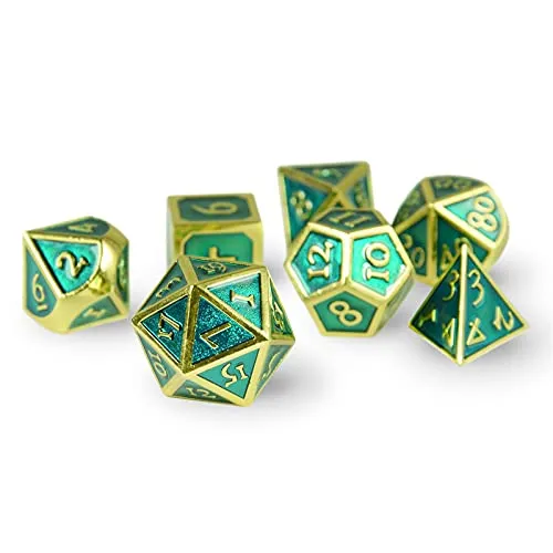 shibby 7 polyedrische Metall-Würfel - Steampunk - für Tabletop und Rollenspiele inkl. Aufbewahrungsbox - Gold-grün