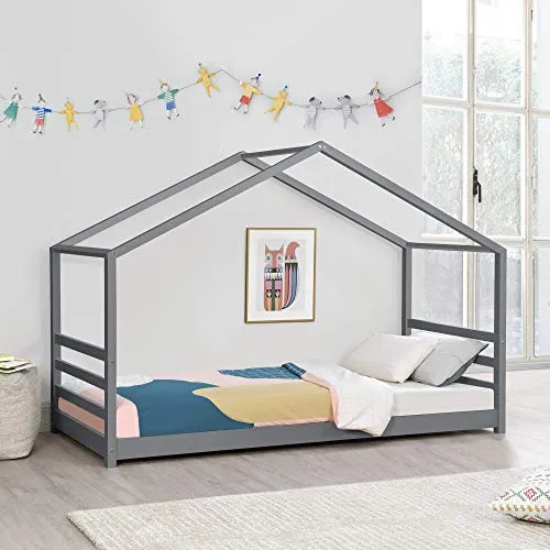 [en.casa] Kinderbett Vardø 90 x 200 cm - Stabiles Hausbett aus Kiefernholz - Robustes Kinderbett in Haus-Optik, ideal für jedes Kinderzimmer. Leichte Montage, max. Belastbarkeit 100 kg und gemütlicher Schlafplatz für Kinder.