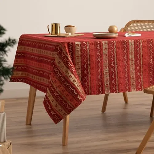 GAMUSI Tischdecke für Weihnachten, Jacquard, Goldgarn, Esstisch, rechteckig, Weihnachtsdekoration, 140 x 200 cm, Rot
