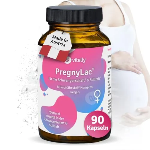 vitelly® PregnyLac I Schwangerschaft-Vitamine I 19 hochdosierte Mikronährstoffe I alle Trimester & Stillzeit I 3 Monate (90 Kapseln)