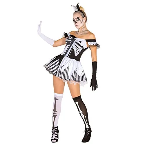 tectake® Frauenkostüm Black White Skeleton - Elegantes Frauenkostüm für Halloween und Karneval, figurbetontes Kleid mit schaurigem Skelettaufdruck für einen eindrucksvollen Auftritt.