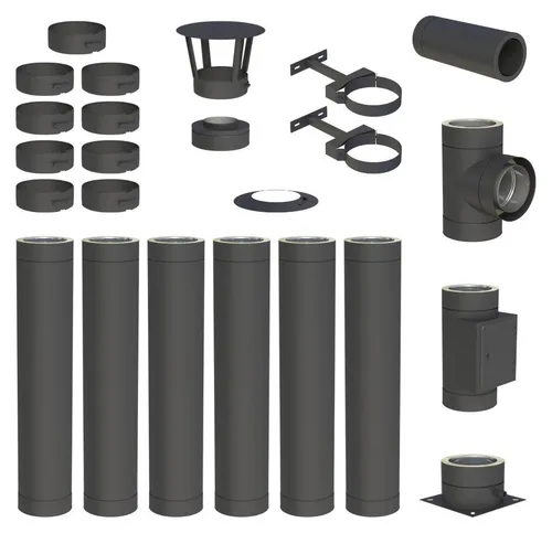 6,7 m Edelstahlschornstein Ø 130 mm Komplettset doppelwandig DW-Black - Komplettset für die Bodenmontage eines doppelwandigen Edelstahlschornsteins. Einfach zu montieren, langlebig und zuverlässig – ideal für effiziente Abgasführung.