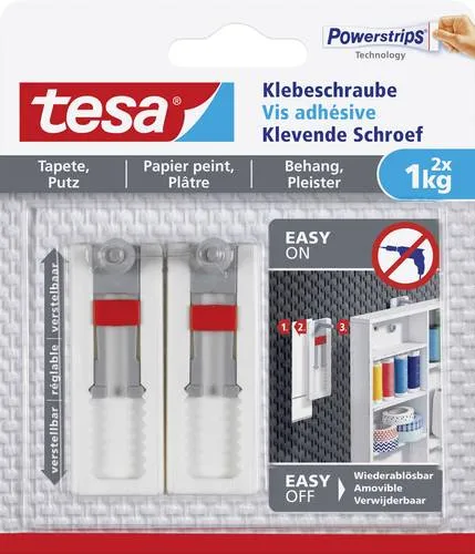 tesa Klebeschraube 2 St. für max. 1,0 kg - Flexible Wandbefestigung für Deko-Objekte bis 1,0 kg, einfach anzubringen und rückstandsfrei ablösbar – ideal für glatte Untergründe im Innenbereich.