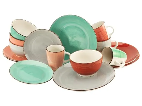 CreaTable Kombiservice Bella Casa Fashion (16-tlg) - Kombiservice für 4 Personen aus handgemaltem Steingut mit attraktivem Spiral-Dekor, mikrowellen- und spülmaschinengeeignet – ideal für stilvolle Mahlzeiten im Haushalt.