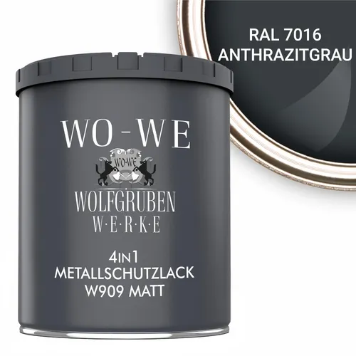 WO-WE Metallschutzlack 4in1 W909 Anthrazitgrau - 750ml - Vielseitiger 4-in-1 Metallschutzlack für Außenanwendungen. Er bietet exzellente Haftung und schützt zuverlässig vor Korrosion. Ideal für Zäune, Geländer und Maschinen.
