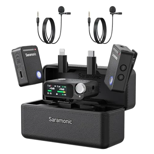 Saramonic Ultra Kabellos Lavalier Mikrofon, 32-Bit Float-Aufnahme, Timecode-Synchronisation, IPX5 wasserdicht, 300M, 130dB SPL, Wireless Mikrofon Handy für iPhone Android Kameras, Smartphone