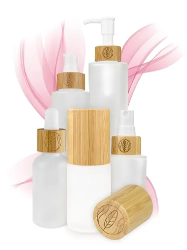 Leere Sprühflasche Glas 30 ml mit Bambusdeckel und Gravur, 5 Stück, Sprayflasche zum Befüllen mit Sprühkopf extra feine Vernebelung Deiner DIY-Naturkosmetik, Sprühkopfbehälter Haare