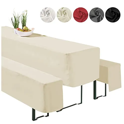heimtexland ® Hussen Set 3-teilig Bierzeltgarnitur Ecru - Hussen-Set 3-teilig für Biertisch und Bierbank, pflegeleicht und strapazierfähig, ideal für festliche Anlässe wie Hochzeiten und Gartenpartys.