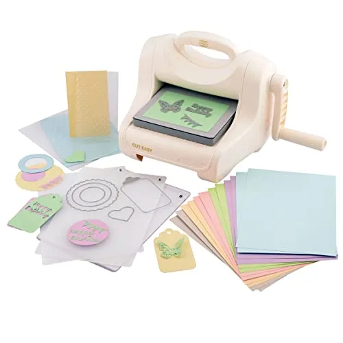 Vaessen Creative Cut Easy + A5, Große Stanz-und Prägemaschine, Starter Kit Inkl. Tonkarton, Stanzformen und Prägefolder, Stanzen zum Basteln und Prägen, Ideal für Kartengestaltung, Scrapbooking