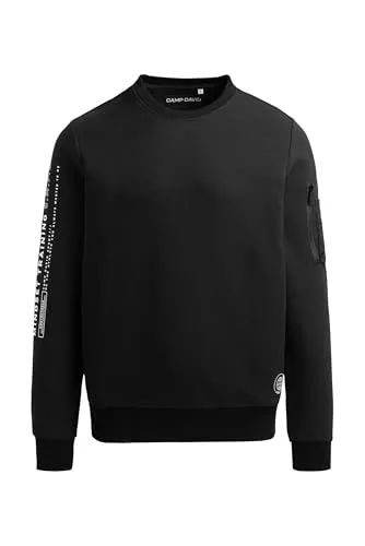 Camp David Herren Sweatshirt aus Interlock mit Ärmeltasche und Artwork Black, L